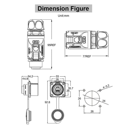 RJ45 Waterproof Connector, IP67 Industrial Ethernet Connector with Plug Dust Cover for Home, Industrial Network