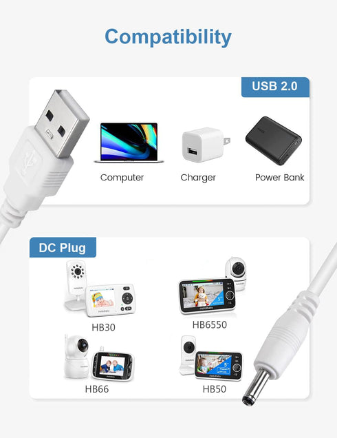 Smays Charger for HelloBaby HB66, HB50, HB6550, HB30 Baby Camera Monitor K05S050100U, 2-Pack Power Cord 5 ft