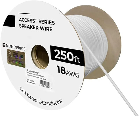 Monoprice Speaker Wire, CL3 In-Wall Rated, 2-Conductor, 18AWG, 250 Feet, White