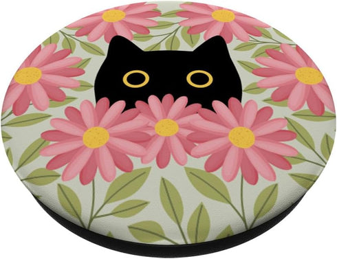 Pink Cute Daisy Flower Black Cat Sage Green Standard PopSockets PopGrip