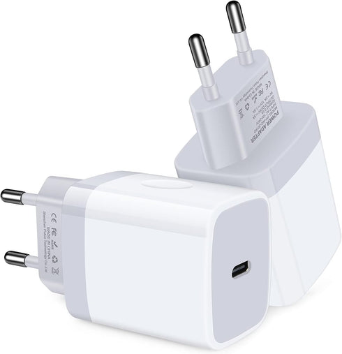 USB C Adapter, European Plug Adapter, 2-Pack Fast 20W Europe Travel Plug Power Adapter, Type C Wall Chargers for iPhone