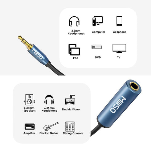 MillSO 1/4 to 3.5mm Headphone Adapter, 16 Feet TRS 6.35mm Female to 3.5mm Male Stereo Audio Jack