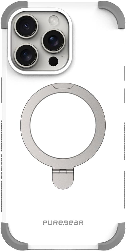 PureGear DualTek KIK Magnetic Phone Grip Case for iPhone 15 Pro Max - White, Military Tested, Heavy-Duty Protection