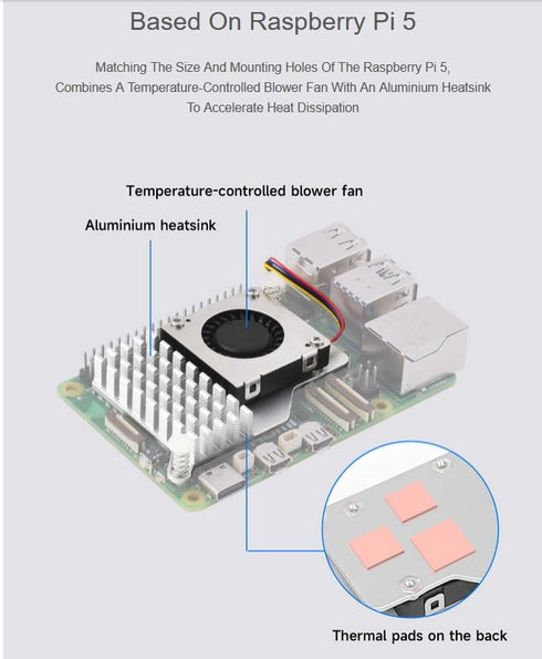 Active Cooler for Raspberry Pi 5, Combines a Temperature-Controlled Blower Cooling Fan and an Alumium Heatsink and Thermal Pad to Accelerate Heat Dissipation for Raspberry Pi 5 (No Pi Board)