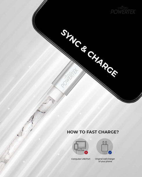 LIQUIPEL Powertek MFi Certified 6ft Lightning to USB Charger for iPhone & iPad, Fast Charging, Marble Grey Cable.