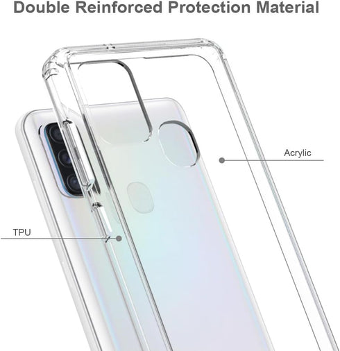 for Samsung Galaxy A21s Case Crystal Clear Slim Hard Case Hybrid Shockproof Bumper with Tempered Glass Screen Protector Full Body Anti-Yellow Anti-Scratch Phone Protective Cover