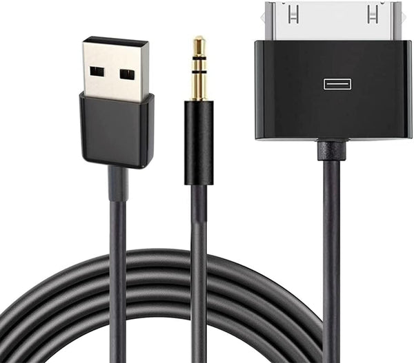 30 Pin to AUX USB, 30 Pin Charger Dock to 3.5mm Car AUX Audio USB Charger Cable for Phone 3G 4G Pod Touch (Black)