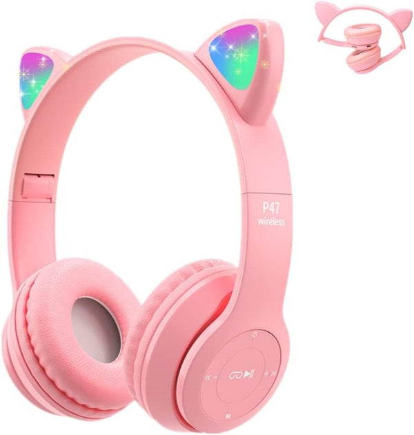 Kids Wireless Headphones, Bluetooth Over Ear Headset with Microphone, Cat Ear LED Light, Foldable Earphones for