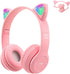 Kids Wireless Headphones, Bluetooth Over Ear Headset with Microphone, Cat Ear LED Light, Foldable Earphones for