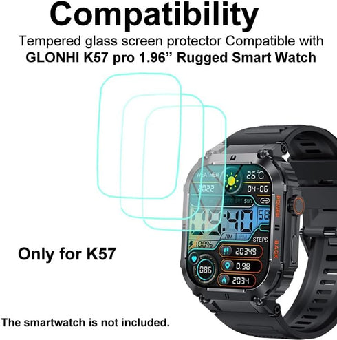 Tempered Glass Screen Protector for K57 K57 PRO, Compatible with KACLUT, GLONHI, EIGIIS, KLOGIPOW, OCTDG, ESFOE, PODOEIL K57 pro 1.96 inches Rugged Smart Watch, 3pcs, 9H