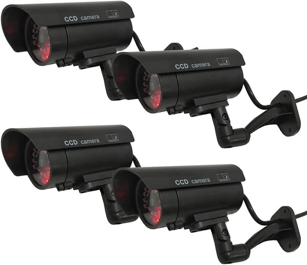 Dummy Security Camera Bullet Fake CCTV System, 4 Pack Indoor Outdoor with Realistic Flashing Lights and Warning Stickers