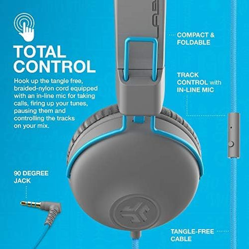 JLab Studio On-Ear Headphones, Wired, Gray/Blue, Ultra-Plush Faux Leather, 40mm Neodymium Drivers, Tangle-Free Cord.