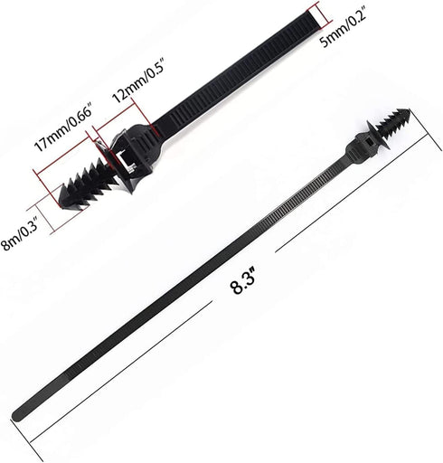 Push Mount Zip Ties, 8 inch Cable Zip Tie Black Wire Tie with Push Pin for Indoor and Outdoor (100 Pack)