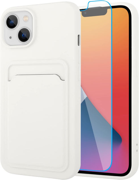 MZELQ Silicone Wallet Case for iPhone 14, Card Holder Camera Protection Cover + Screen Protector, White