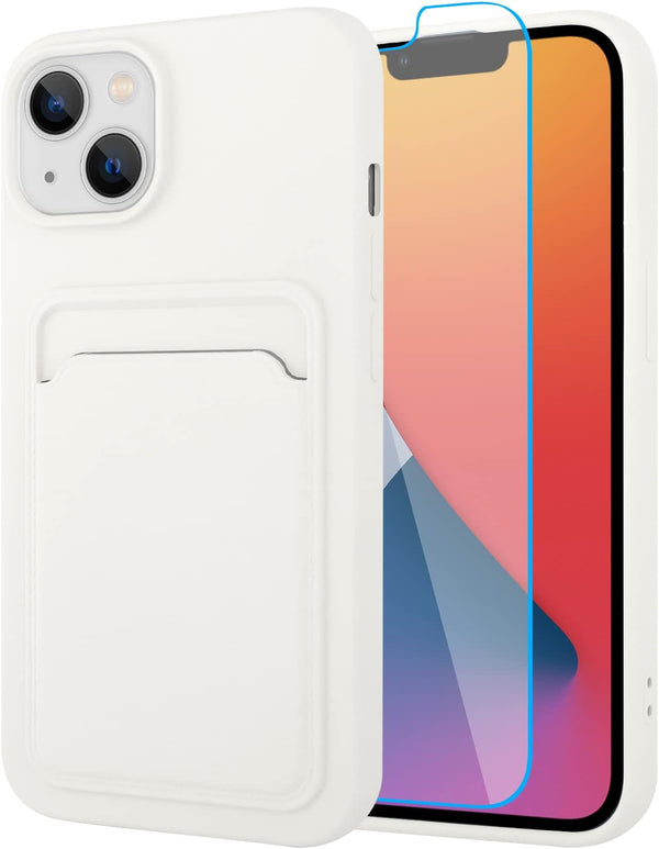 MZELQ Silicone Wallet Case for iPhone 14, Card Holder Camera Protection Cover + Screen Protector, White