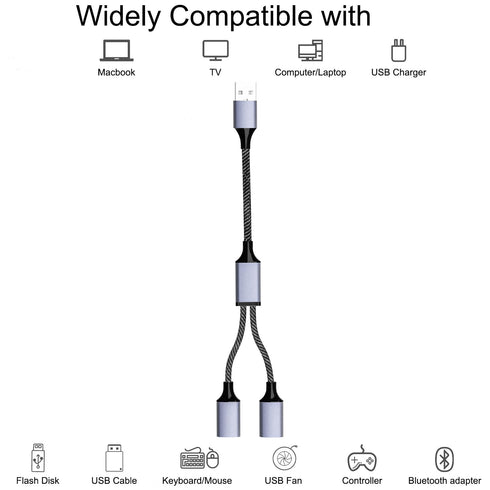 USB Y Splitter Cable: 1 Male to 2 Female USB Extension for Charger & Data Transfer - Compatible with Car, Laptop, TV,