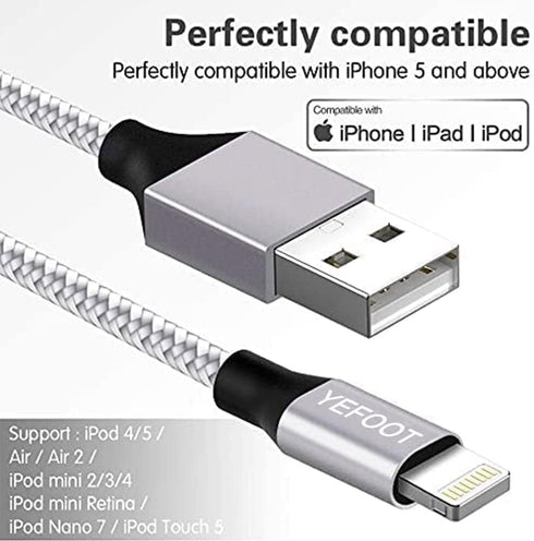 Apple MFi Certified 6-Pack Lightning Cables (3/3/6/6/6/10FT) for iPhone 14 Pro/13/12/11 - Fast Charging, Silver & White.