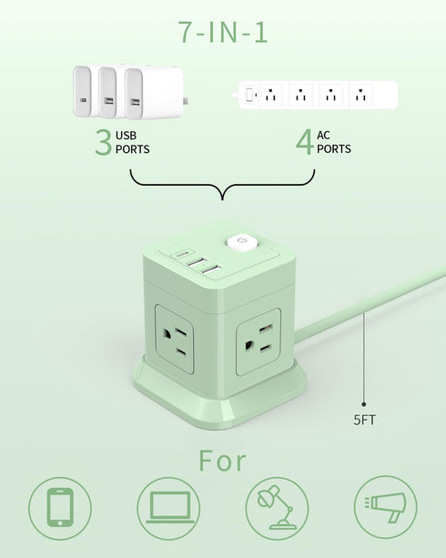 FDTEK 4 3 (1 Cube Power Strip, Widely Spaced Outlet with USB USB C) Flat Plug Power Strips with Long Extension Cords