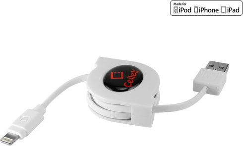 Cellet Retractable Lightning Cable, Charging Cord for Apple iPhone 14 Pro Max, 13, 12, 11, Xs, Xr, SE, iPad Pro, White