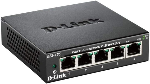 D-Link Fast Ethernet Switch, 5 Port Unmanaged, 10/100 Metal, Desktop or Wall Mount