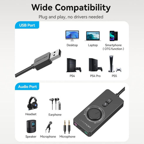 VENTION USB Sound Card, External Stereo Sound Card with Volume Control, USB to 3.5mm Jack Audio Adapter for PC