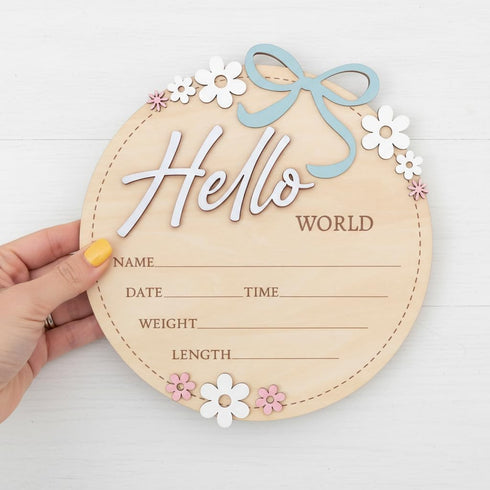 6 Inch Wooden Baby Announcement Sign Round Birth Stat Plaque with Floral and Bow Design (Blue)