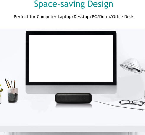 USB Computer Speaker, USB Powered Mini Soundbar, Laptop Stereo Speakers with Space Saving Design