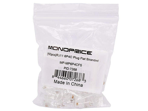 Monoprice 6P4C RJ11 Modular Plugs, 50 Pack for Flat Solid/Stranded Cable