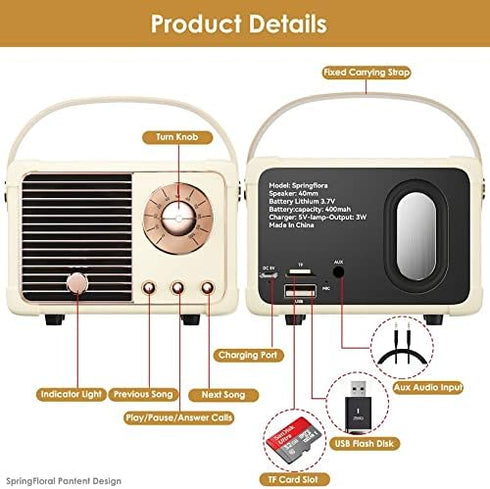 Retro Bluetooth Speaker, Wireless Vintage Small Speaker with Stereo Sound, Hands-free Call, Waterproof for iOS Android