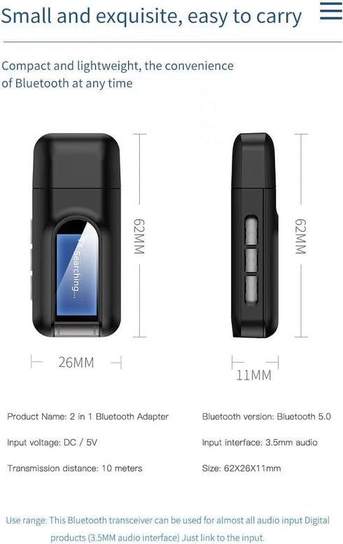 USB Bluetooth 5.0 Transmitter Receiver for TV, Portable Wireless Adapter, 3.5mm Jack Audio Bluetooth Transmitter for