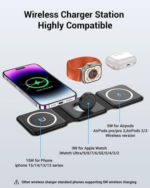 3 in 1 Magnetic Foldable Wireless Charger, Fast Travel Charging Station for iPhone 15/14/13/12 Series, iWatch, Air Pods