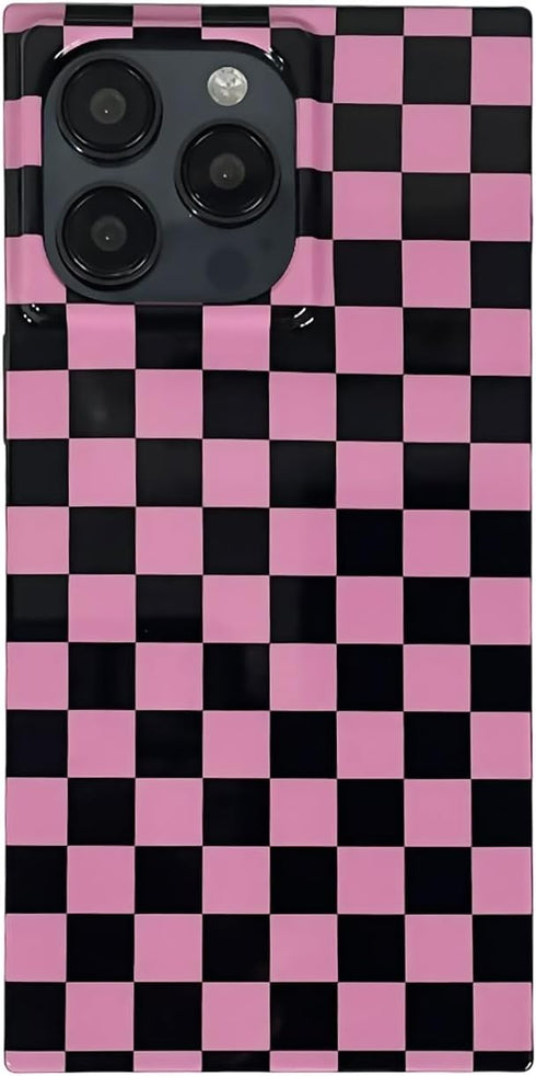 Pink Checkered Rectangle Phone Case for iPhone 15 Pro (6.1in) Slim Trendy Glossy Checkerboard Shockproof Cover