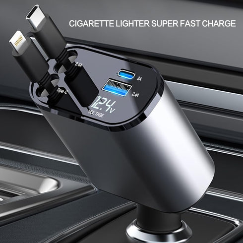 4 in 1 Fast Car Phone Charger, 100W USB C Car Charger Adapter (2.6Ft) with 2 USB Ports, Retractable Car Charger (Type