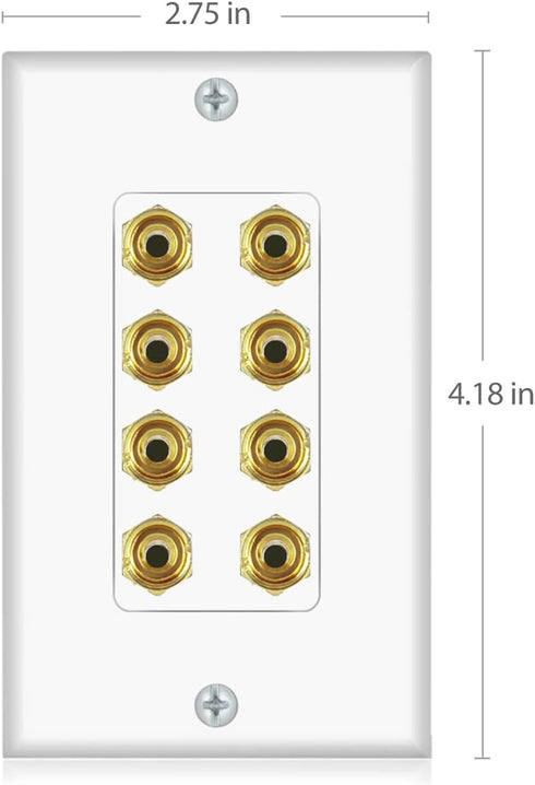 Banana Binding Post Two-Piece Coupler Inset Wall Plate for 4 Speakers, Standard Single Gang White