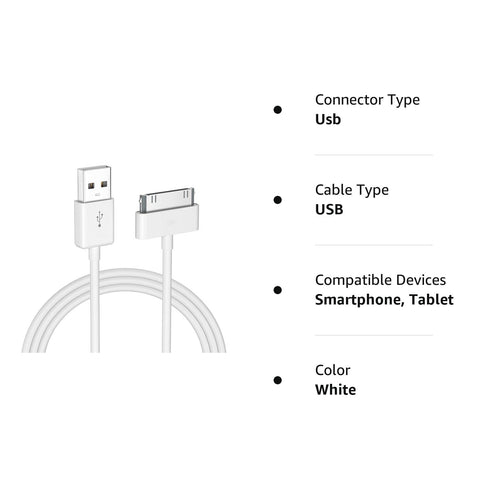sarmert 4.0ft Apple Certified 30 Pin USB Charging Cable for iPhone 4/4s, iPad 1/2/3, iPod Touch/Nano - White (1 PCS)