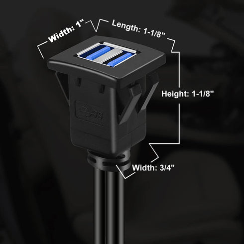 BATIGE Dual Ports Square USB 3.0 Panel Flush Mount Extension Cable for Car, Truck, Boat, 1ft