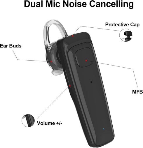 Bluetooth Headset - V5.0 Wireless Handsfree Earpiece with Dual Mic Noise Cancelling, 16Hrs HD Talktime
