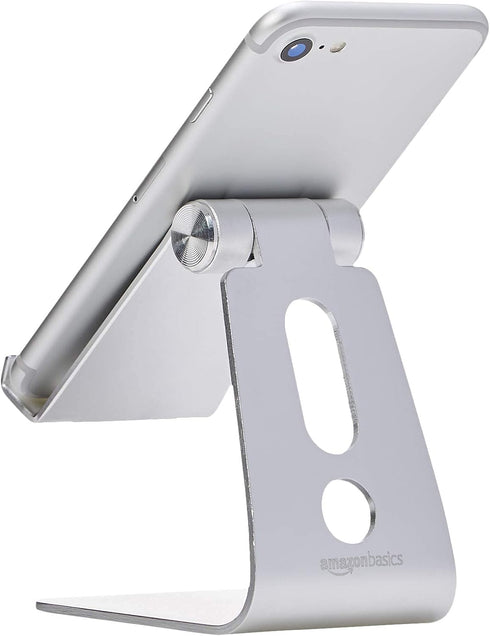 Amazon Basics 3.15 2.87 3.74 inch, Adjustable Aluminum Phone Stand for Cell Phones, iPhone and Android, Desktop Phone