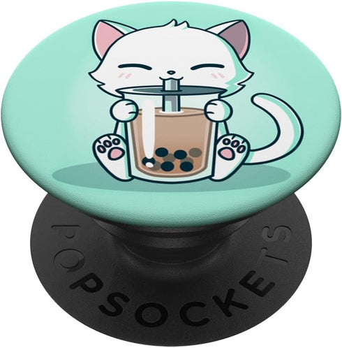 Cute Boba Kit Tea Cat Enjoying Tea Pet Kitty Lover Green PopSockets PopGrip: Swappable Grip for Phones & Tablets