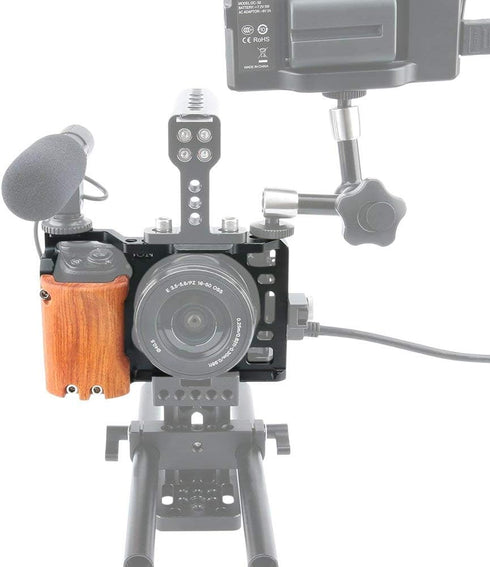 NICRYRIG Cage Kit for Sony A6400 A6500 Mirrorless Camera with Wooden Handle Grip