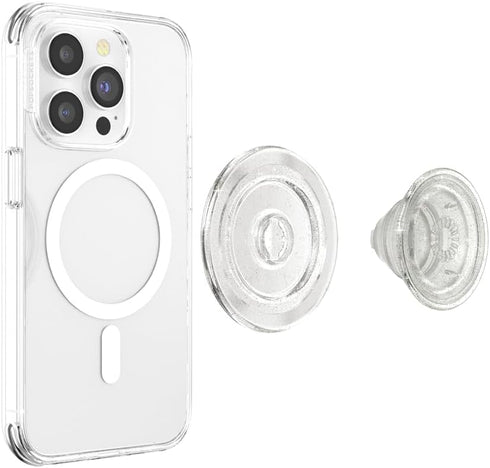 PopSockets Round Phone Grip Compatible with MagSafe, Adapter Ring Included - Clear Glitter, Wireless Charging Compatible