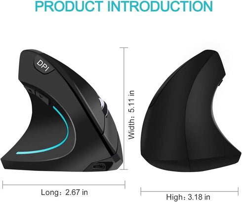 Left Handed Mouse, 2.4G Wireless Rechargeable Ergonomic Vertical Mouse with USB Dongle, Silent Click, 3 Adjusted DPI, 6