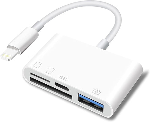 SD Card Reader for iPhone, Lightning to 4 in 1 USB Camera Adapter, Compatible with iPad with Charging Port
