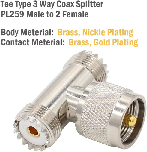PL259 T Connector Adapter Male to Female, UHF 1 Male to 2 Female, SO239 Male to SO239 Female Tee Coaxial Cable Splitter for Ham Radio CB Antenna