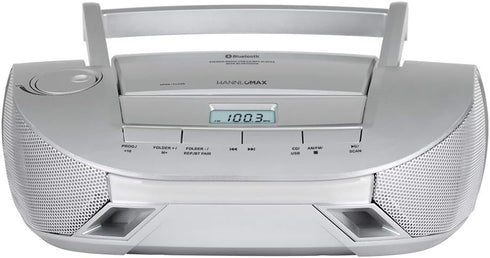 HANNLOMAX HX-328CD Portable CD Boombox with AM/FM Radio, Bluetooth, USB Port for MP3 Playback (Silver)
