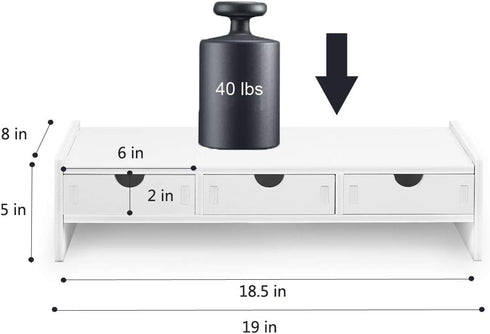 VALEN White Monitor Stand Riser, Computer Laptop Riser Shelf with 3 Organizer Drawers (19.5" L x 7.5" W x 4.7" H)
