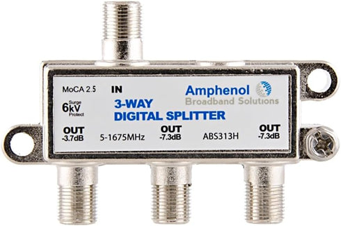 Amphenol 3-Way Digital Coaxial Splitter, MoCA 2.5 ABS313H for Signal Distribution.