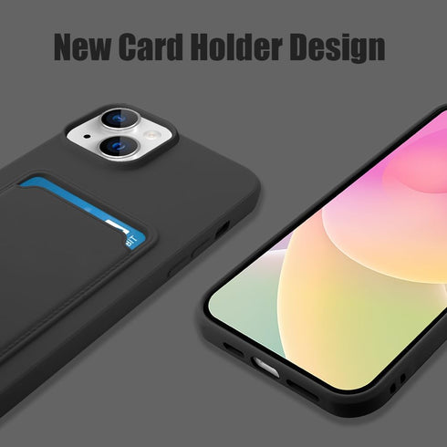 MZELQ TPU Wallet Compatible with iPhone 15 Case 2023, Card Holder Camera Protection Cover + Screen Protector, Push-able Card Slot Silicone Soft Case Girls Women -Black