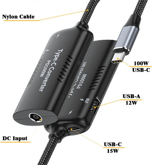 Cablecc 100W PD Emulator Trigger Charge Cable: 5.5x2.5mm & 5.5x2.1mm DC Power Input to Dual Type-C & Type-A Output.