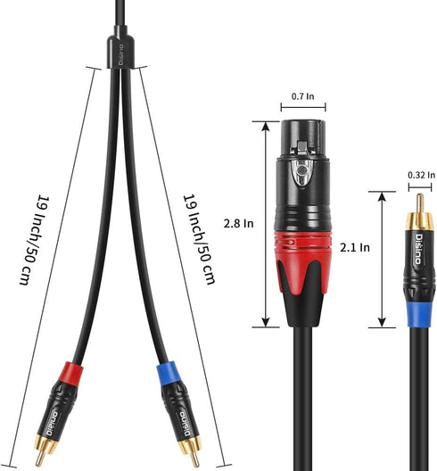 Disino Female XLR to Dual RCA Y Splitter Patch Cable, Unbalanced XLR Female to 2 RCA Stereo Audio Interconnect